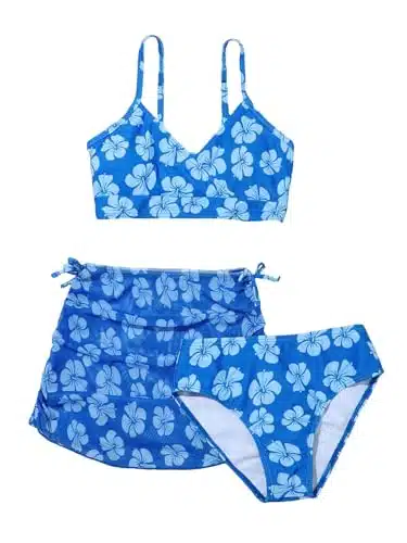 Cozyease Girls' Piece Set Floral Print Bikini Swimsuit With Drawstring Beach Skirt Cute Ruched Bathing Suit Blue Years