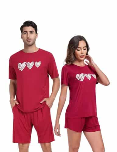 Eishopeer Knit Matching Pajamas Sets Couple Drawstring Nightwear Short Sleeve Sleepwear Pieces Loungewear With Shorts Wine Red & Heart Large