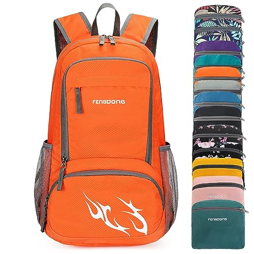 Fengdong L Lightweight Foldable Waterproof Packable Travel Hiking Backpack Daypack For Men Women Orange