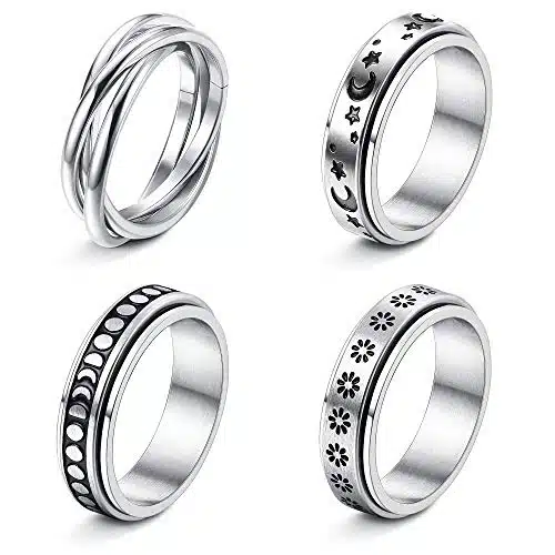 Funrun Jewelry Pcs Stainless Steel Spinner Ring For Women Mens Fidget Band Rings Moon Star Celtic Stress Relieving Wide Wedding Promise Rings Set