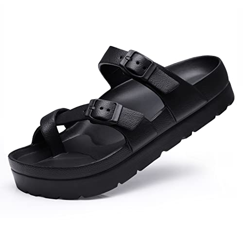 Goosecret Women'S Platform Sandals With Arch Support Comfortable Foam Slides Lightweight Thick Soles  Adjustable Buckle  Ultra Cushion Black,