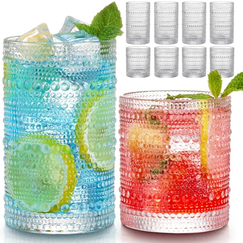 Hlukana Vintage Hobnail Drinking Glasses Set Of , Oz Highball Glasses & Oz Cocktail Glasses Set, Kitchen Water Glasses Cup, Bar Tumbler Glassware Set For Beer, Juice, Cocktail