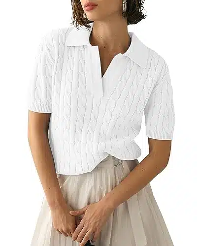 Imily Bela Women'S Cable Short Sleeve Sweaters Tops Solid Lapel V Neck Knit Casual Soft Pullover Shirt White