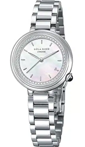 Lola Rose Women'S Mother Of Pearl Watch With Zircon And White Gold Tone Three Bead Steel Band