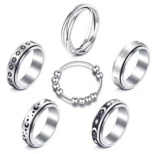 Mucal Anxiety Ring For Women Men Pcs Stainless Steel Anti Anxiety Rings With Beads Fidget Ring For Anxiety Spinner Rings For Anxiety Relief, Silver,