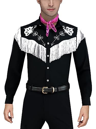 Naywig Cowboy Costume With Scarf Western Long Sleeve Fringe Shirt Halloween Cosplay For Mens Boys X Large Black