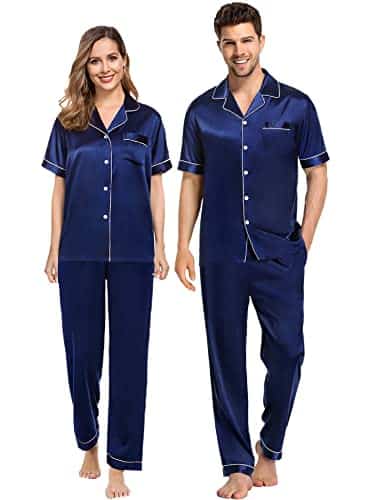 Swomog Women Satin Silk Pjs Sets Short Sleeve Top & Pants Soft Loose Loungewear Matching Couple Pajamas Sets Navy Blue