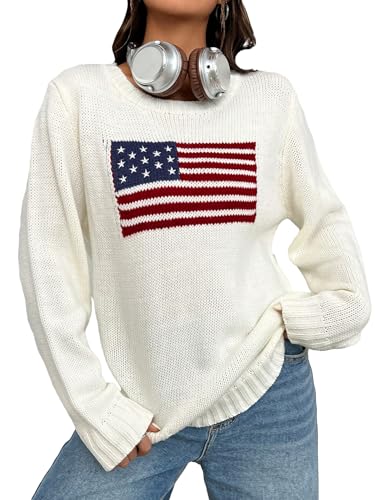 Sweatyrocks Women'S Flag Pattern Long Sleeve Round Neck Sweater Casual Loose Pullover Sweater White Xs