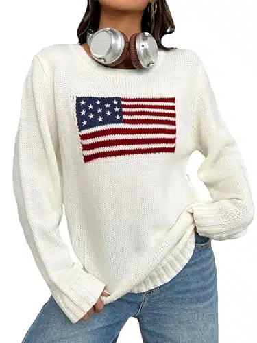 Sweatyrocks Women'S Flag Pattern Long Sleeve Round Neck Sweater Casual Loose Pullover Sweater White Xs