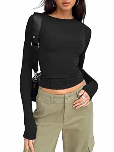 Trendy Queen Womens Long Sleeve Shirts Basic Spring Crop Tops Tees Tight Slim Fit Cute Going Out Outfits Teen Girls Fall Winter Yk Clothes Black