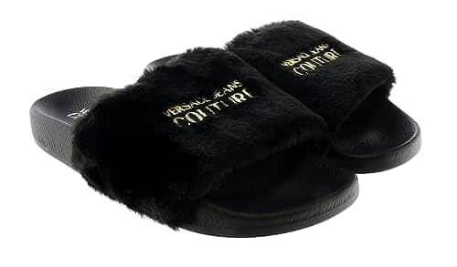 Versace Jeans Couture Black Faux Fur Signature Slides For Womens