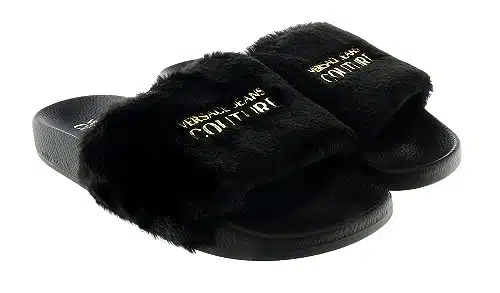 Versace Jeans Couture Black Faux Fur Signature Slides For Womens