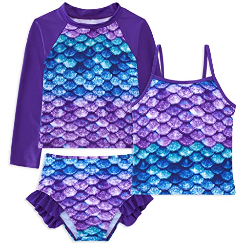 Swimsobo Little Girls Swimsuits Upf Bathing Suits Long Sleeve Rash Guard Piece Tankini Sets Mermaid Swimwear For Beach Swimming Child