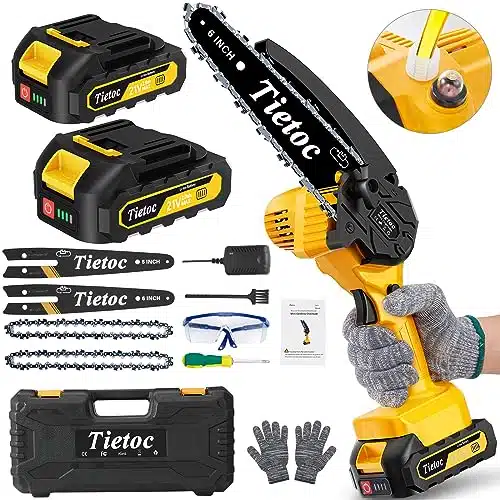 Tietoc Mini Cordless Chainsaw, Inch Handheld Chain Saw With Security Lock [Seniors Friendly], Battery Powered Super Saws With Manganese Steel Chain & Automatic Oiler, Upgrade