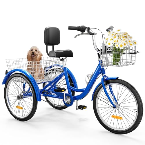 Yitahome Speed Adult Tricycle, Inch Heel Bikes, Trike Bike For Adults With Removable Baskets, Cruiser Bike For Seniors Women Men Shopping Picnic Outdoor Sports, Blue